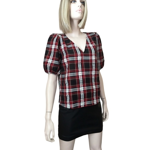 LOFT Blouse Rayon blend Plaid Seersucker Puckered Top Shirt Short Sleeve XS-S - Picture 10 of 15